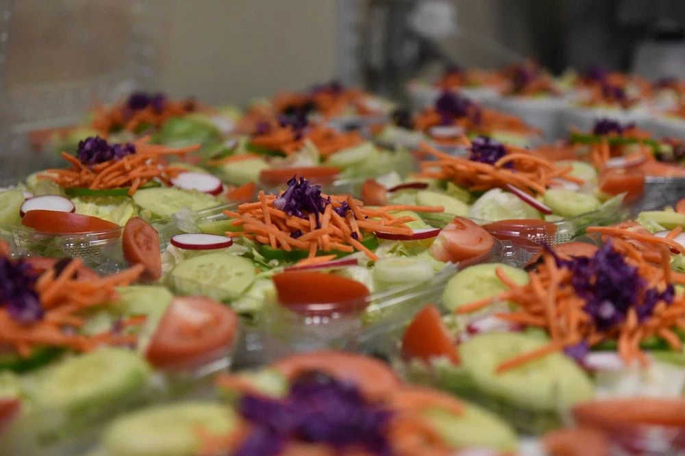 Trays of fresh salads with tomato, cucumber, carrot and radish, made up for the day